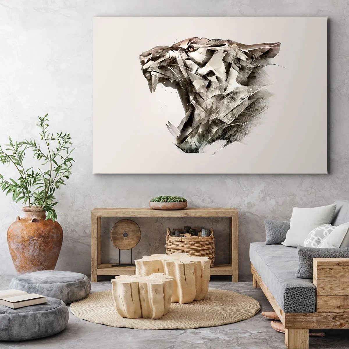 Cuadro sobre lienzo - Impresión de Imagen - Imagen abstracta de un tigre en tonos beige. - 70x50cm - Ya sabes quién manda - Decoración de pared moderna para salón y dormitorio ARTTOR
