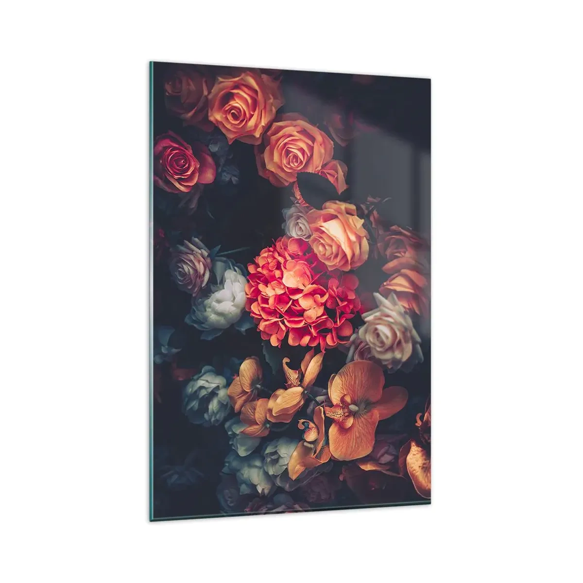 Cuadro sobre vidrio - Impresiones sobre Vidrio - Un ramo de varias flores en tonos oscuros. - 80x120cm - Como los maestros holandeses - Decoración de pared moderna para salón y dormitorio ARTTOR