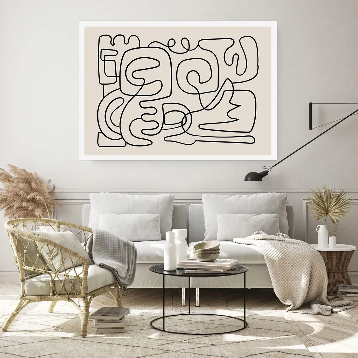 Póster - Patrón de arte lineal abstracto en negro sobre un fondo claro - 100x70cm - El camino correcto - Decoración de pared moderna para salón y dormitorio ARTTOR