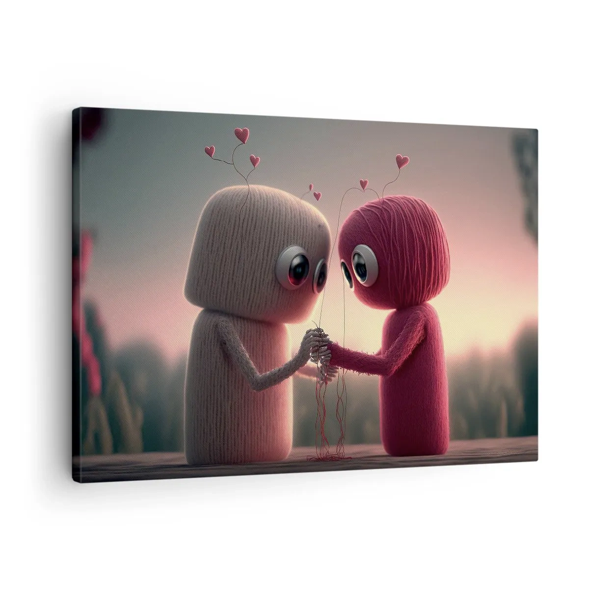 Cuadro sobre lienzo - Impresión de Imagen - Personajes de hilo en un encantador entorno con temática de corazones. - 70x50cm - Todo el mundo puede amar - Decoración de pared moderna para salón y dormitorio ARTTOR