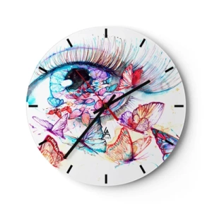 Reloj de pared - Reloj de vidrio - Mariposas coloridas rodean el ojo en un estilo artístico. - 30x30cm - El encanto de los ojos de cuento de hadas - Decoración de pared moderna para salón, cocina y dormitorio ARTTOR