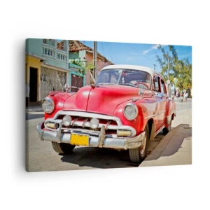 Cuadro sobre lienzo - Impresión de Imagen - Un coche clásico rojo aparcado en la calle en un día soleado. - 70x50cm - Solo en Cuba - Decoración de pared moderna para salón y dormitorio ARTTOR
