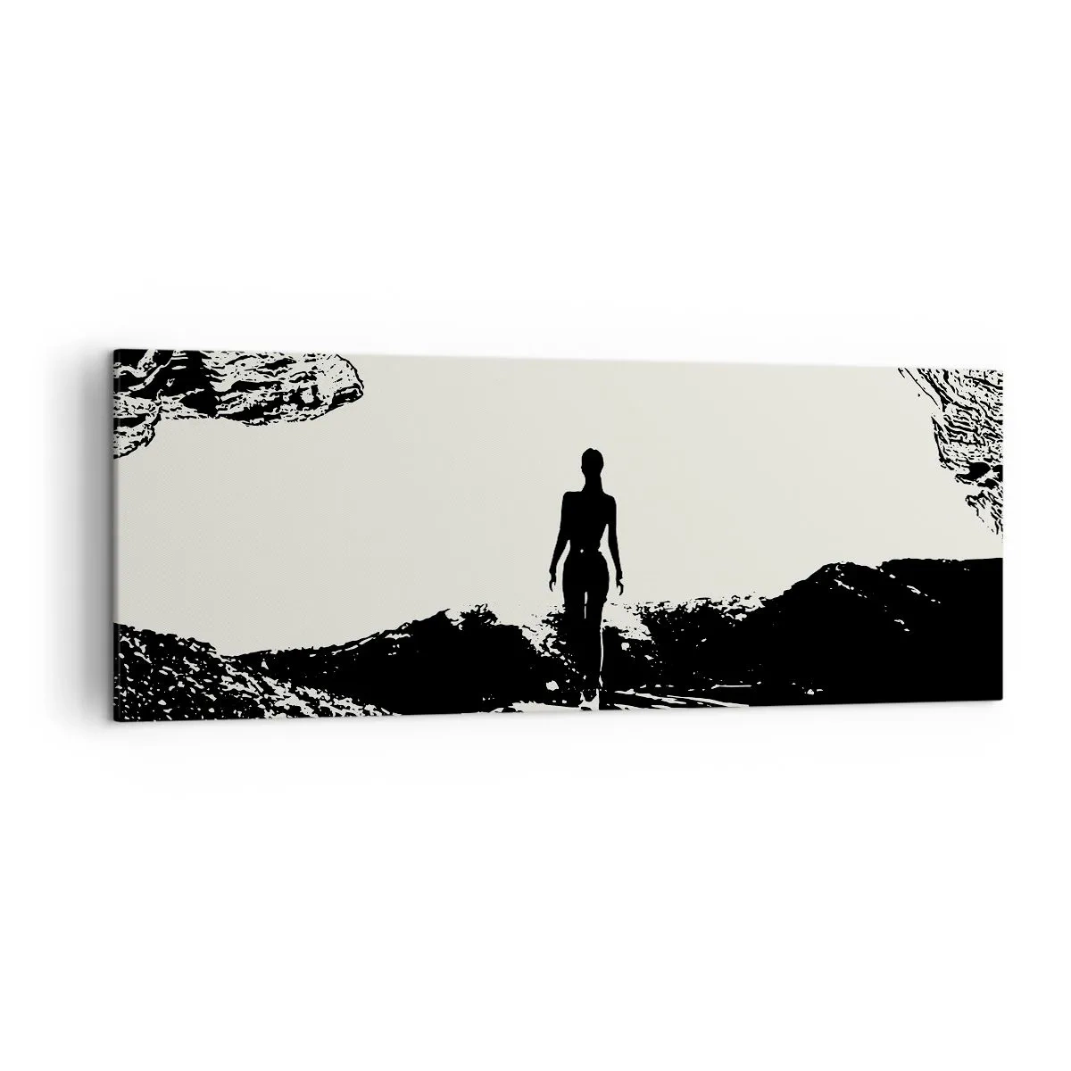 Cuadro sobre lienzo - Impresión de Imagen - Silueta en blanco y negro de una mujer en una cueva contra el cielo - 140x50cm - Una nueva mirada - Decoración de pared moderna para salón y dormitorio ARTTOR