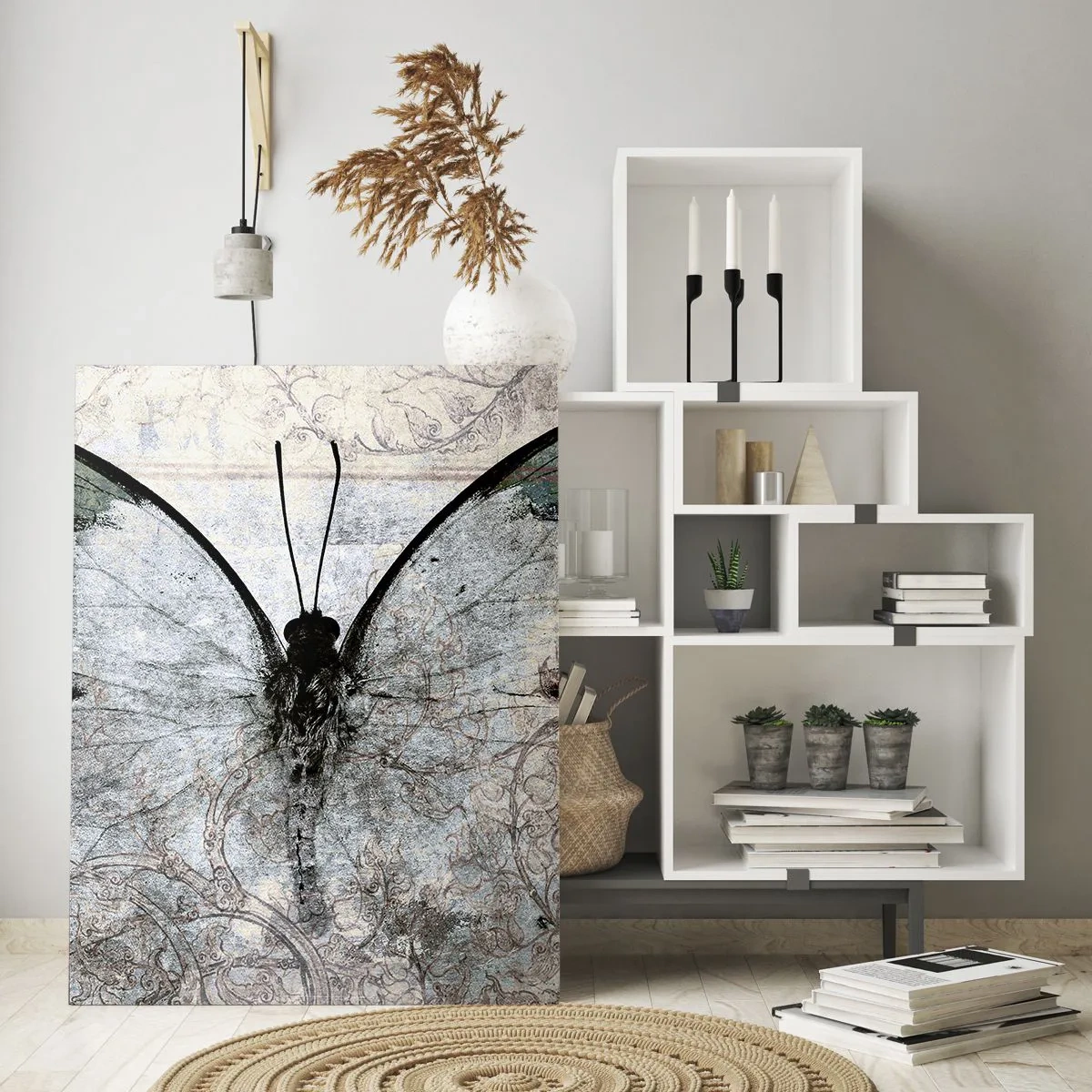 Cuadro sobre vidrio - Impresiones sobre Vidrio - Una mariposa en tonos verdes y grises sobre un fondo decorativo. - 70x100cm - En el estilo Art Nouveau - Decoración de pared moderna para salón y dormitorio ARTTOR