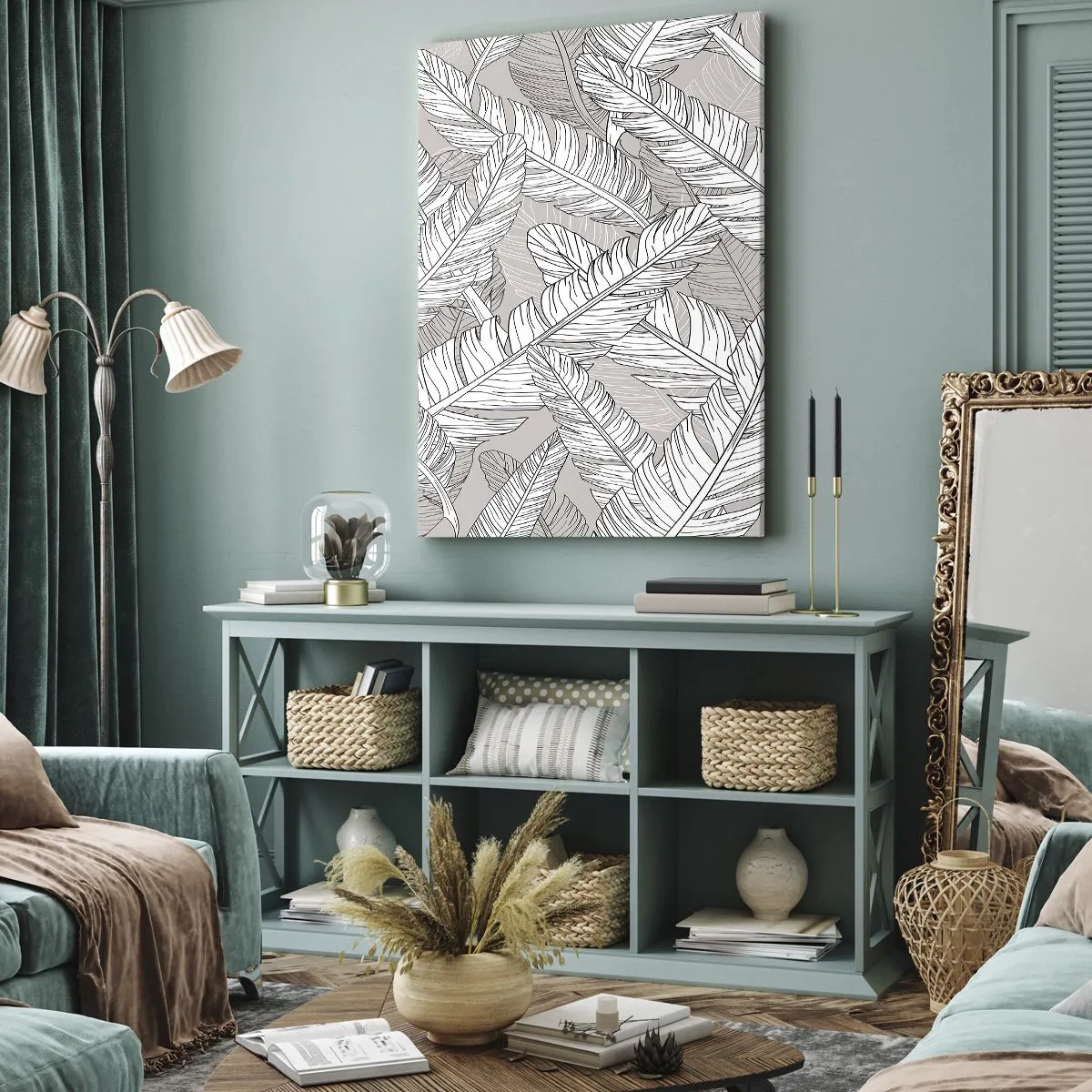 Cuadro sobre lienzo - Impresión de Imagen - Patrón en blanco y negro con hojas de plátano sobre un fondo claro. - 50x70cm - Turbulencias de plumas - Decoración de pared moderna para salón y dormitorio ARTTOR