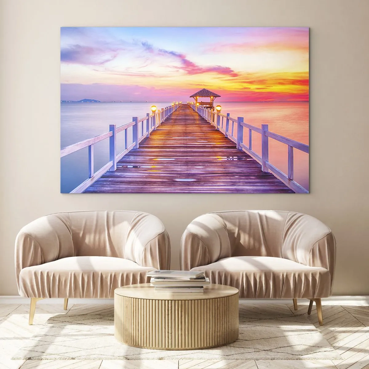 Cuadro sobre vidrio - Impresiones sobre Vidrio - Muelle de madera al atardecer en un mar en calma - 70x50cm - El silencio lila-dorado de la tarde - Decoración de pared moderna para salón y dormitorio ARTTOR