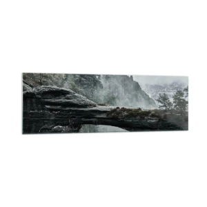 Cuadro sobre vidrio - Impresiones sobre Vidrio - Un arco de piedra rodeado de montañas brumosas y bosques. - 160x50cm - La aventura está a punto de comenzar - Decoración de pared moderna para salón y dormitorio ARTTOR
