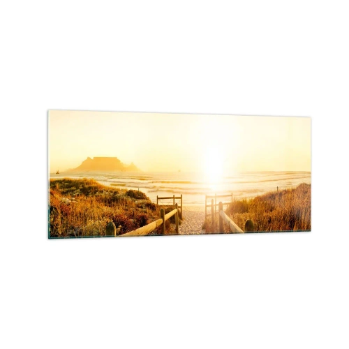 Cuadro sobre vidrio - Impresiones sobre Vidrio - Camino a la playa durante un atardecer dorado - 120x50cm - A través de la duna, hacia el sol - Decoración de pared moderna para salón y dormitorio ARTTOR