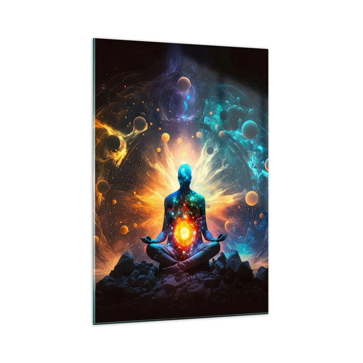 Cuadro sobre vidrio - Impresiones sobre Vidrio - Una figura en meditación rodeada de un aura cósmica. - 70x100cm - Tranquilidad cósmica - Decoración de pared moderna para salón y dormitorio ARTTOR