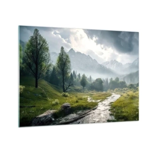 Cuadro sobre vidrio - Impresiones sobre Vidrio - Un paisaje de montaña con un arroyo y un valle verde por la mañana. - 70x50cm - De ida y vuelta - Decoración de pared moderna para salón y dormitorio ARTTOR
