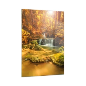 Cuadro sobre vidrio - Impresiones sobre Vidrio - Cascada forestal en oro - 50x70cm - Cascada forestal en oro - Decoración de pared moderna para salón y dormitorio ARTTOR