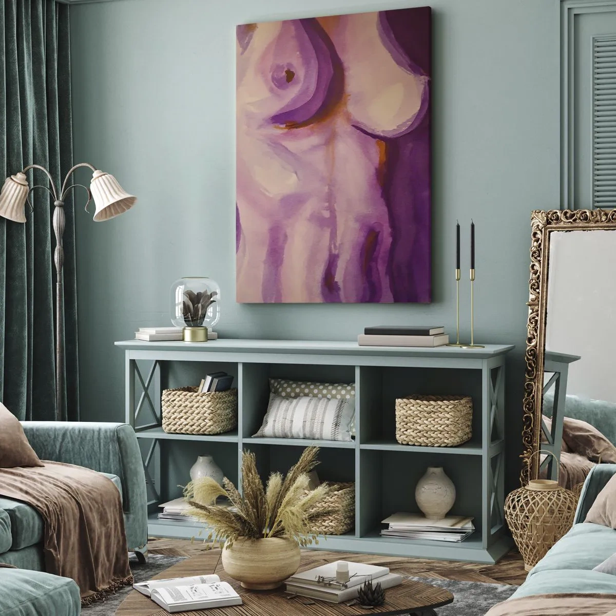Cuadro sobre lienzo - Impresión de Imagen - Una interpretación abstracta de la silueta femenina en tonos rosas y morados. - 50x70cm - Una oda a la feminidad - Decoración de pared moderna para salón y dormitorio ARTTOR