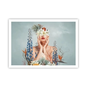 Póster - Retrato de una mujer con un motivo floral sobre un fondo azul. - 100x70cm - Mujer-flor - Decoración de pared moderna para salón y dormitorio ARTTOR