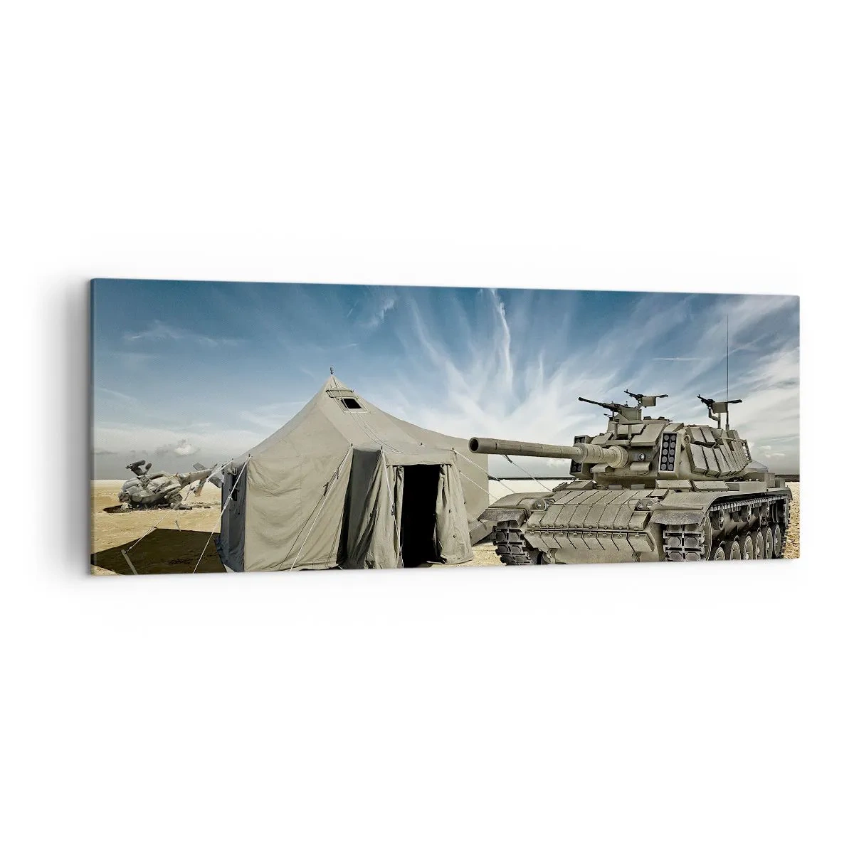 Cuadro sobre lienzo - Impresión de Imagen - Un tanque junto a una tienda militar en una zona desértica. - 140x50cm - Campaña militar - Decoración de pared moderna para salón y dormitorio ARTTOR