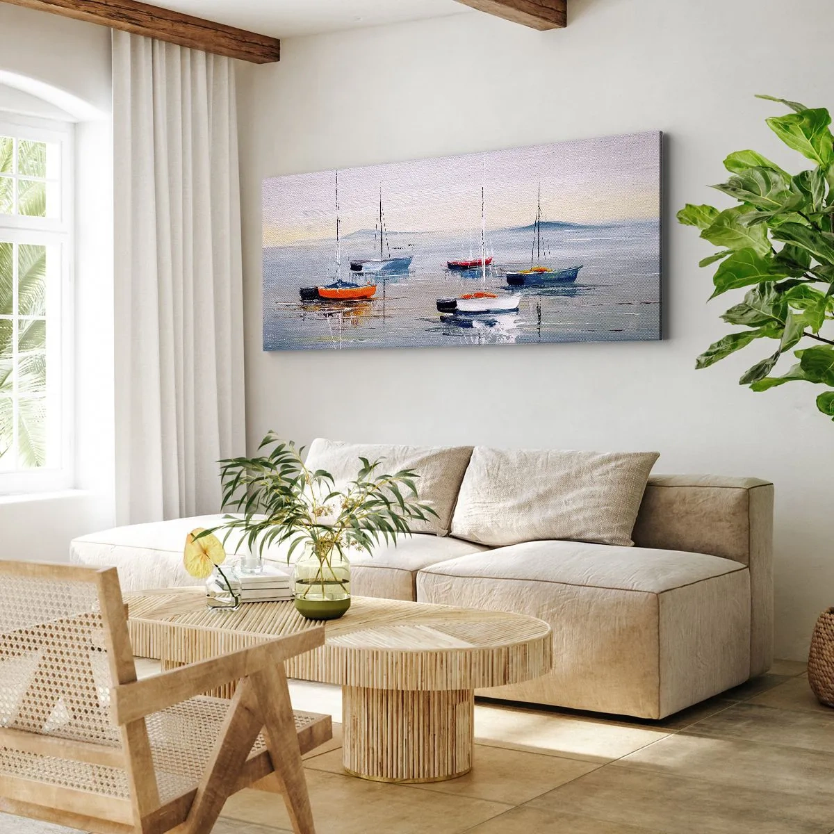 Cuadro sobre lienzo - Impresión de Imagen - Barcos coloridos en aguas tranquilas - 120x50cm - Un más que merecido descanso - Decoración de pared moderna para salón y dormitorio ARTTOR