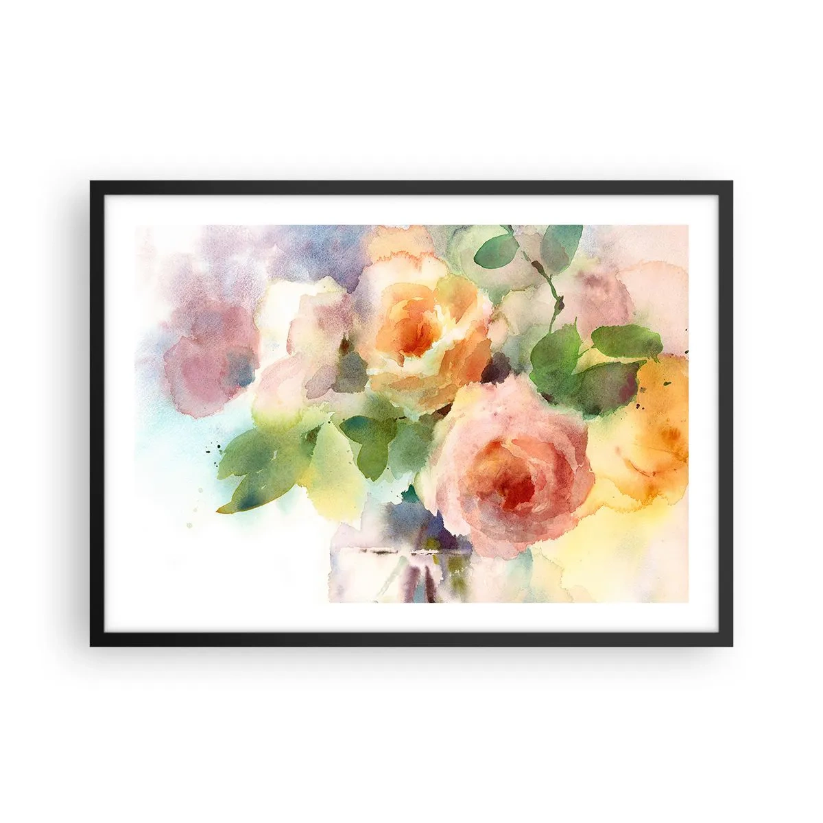 Póster en marco negro - Delicadas rosas estilo acuarela sobre un fondo claro. - 70x50cm - Delicado como una acuarela - Decoración de pared moderna para salón y dormitorio ARTTOR