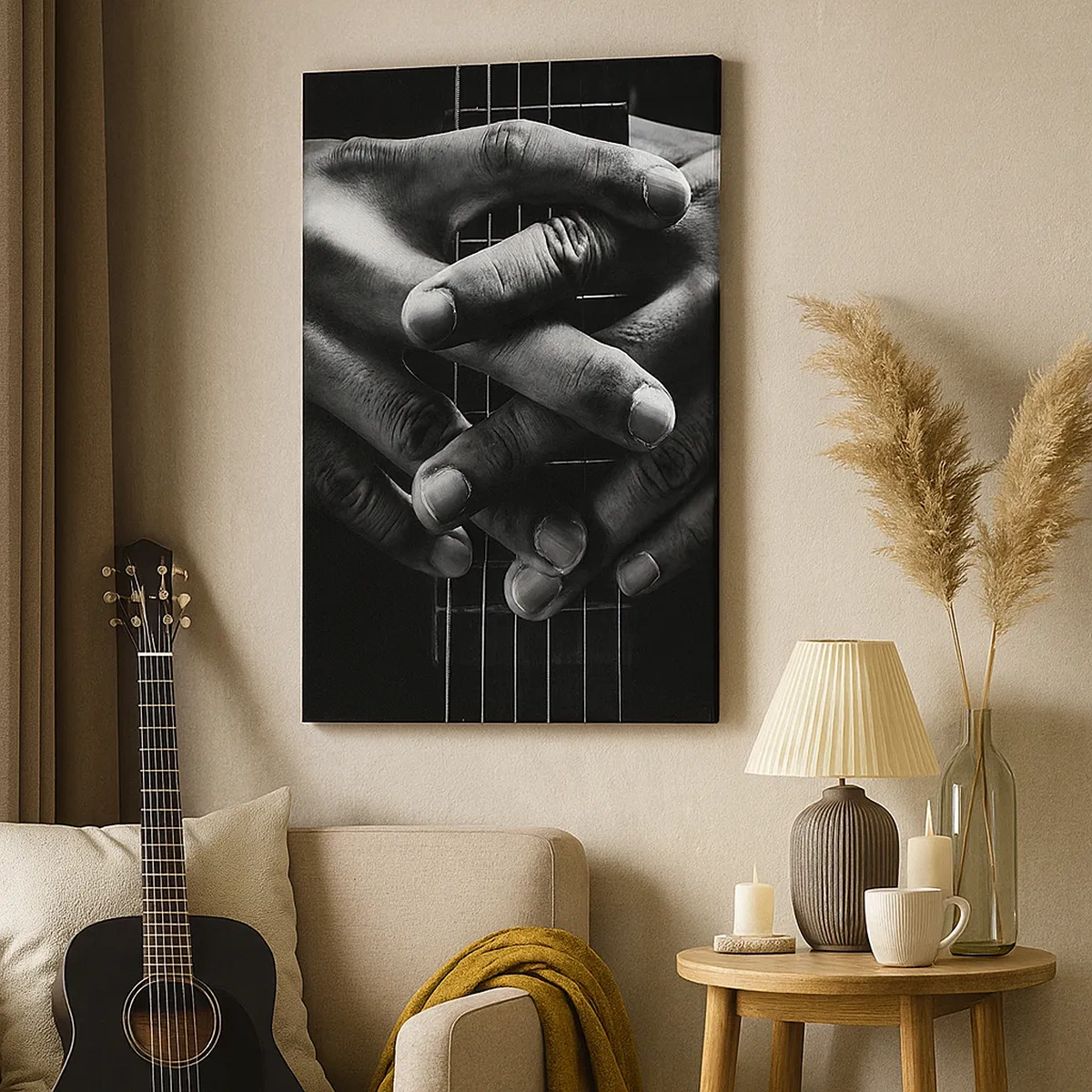Cuadro sobre lienzo - Impresión de Imagen - Manos unidas sobre una guitarra en un tono monocromático. - 50x70cm - La oración del artista - Decoración de pared moderna para salón y dormitorio ARTTOR