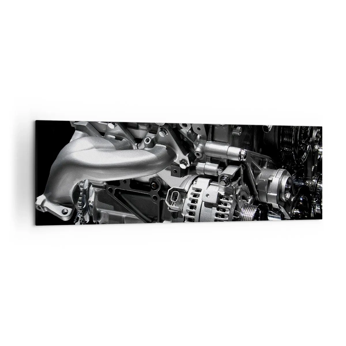 Cuadro sobre lienzo - Impresión de Imagen - Primer plano de piezas metálicas del motor sobre un fondo negro - 160x50cm - Acero, hermoso, fuerte - Decoración de pared moderna para salón y dormitorio ARTTOR