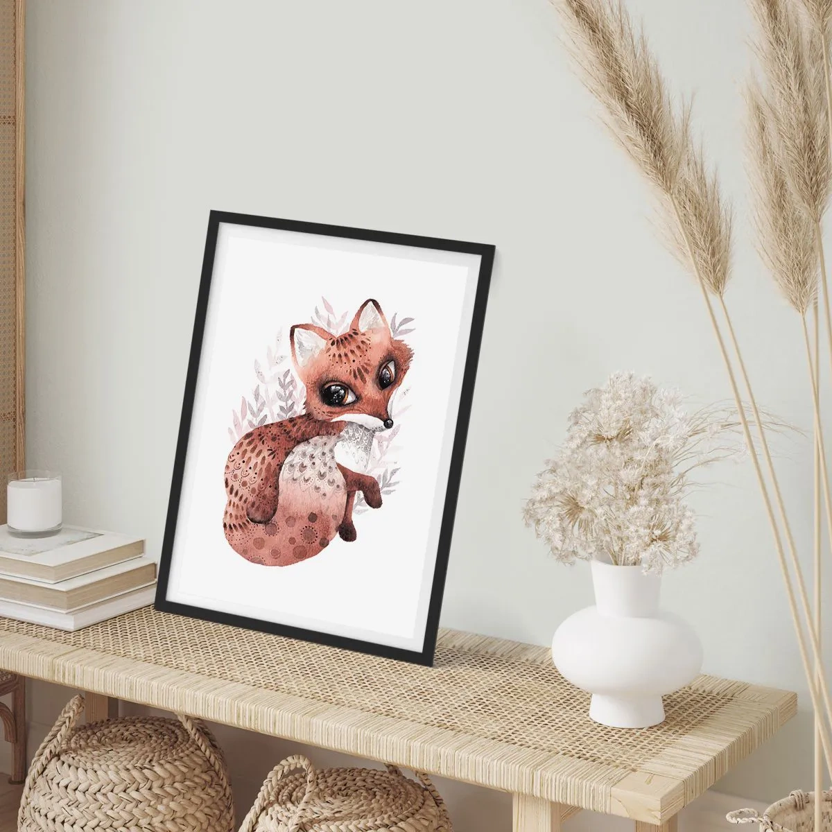Póster en marco negro - Un lindo zorro de acuarela sobre un fondo blanco. - 50x70cm - Dulzura y amor - Decoración de pared moderna para salón y dormitorio ARTTOR