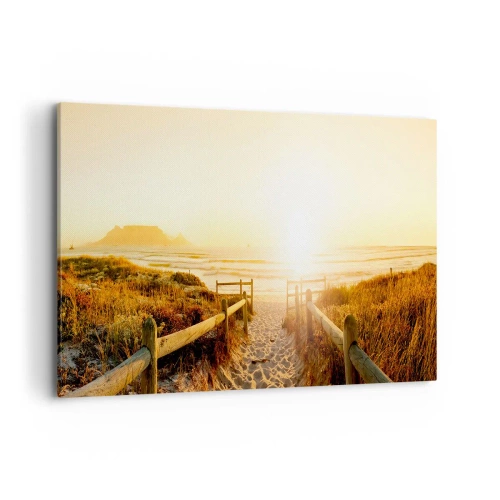 Cuadro sobre lienzo - Impresión de Imagen - Camino a la playa durante un atardecer dorado - 100x70cm - A través de la duna, hacia el sol - Decoración de pared moderna para salón y dormitorio ARTTOR