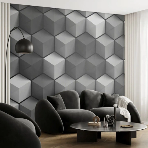 Fotomural Premium Sand - Patrones cúbicos 3D en blanco y negro - 100x70cm - Rompecabezas cubista - Decoración de pared moderna para salón y dormitorio ARTTOR