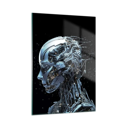 Cuadro sobre vidrio - Impresiones sobre Vidrio - Perfil de un robot femenino con cables y mecanismos. - 50x70cm - La tecnología es una mujer - Decoración de pared moderna para salón y dormitorio ARTTOR