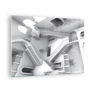 Cuadro sobre vidrio - Impresiones sobre Vidrio - Un laberinto de escaleras en un espacio surrealista. - 70x50cm - Paradojas del espacio - Decoración de pared moderna para salón y dormitorio ARTTOR