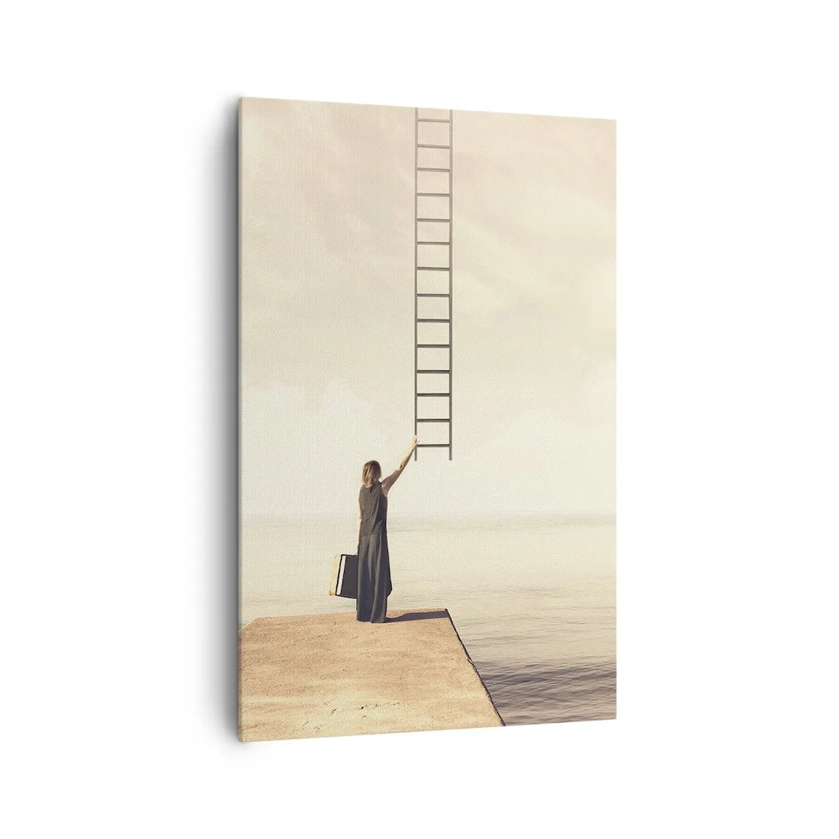 Cuadro sobre lienzo - Impresión de Imagen - Una mujer parada en un muelle con una escalera que conduce al cielo. - 80x120cm - Un viaje mágico - Decoración de pared moderna para salón y dormitorio ARTTOR