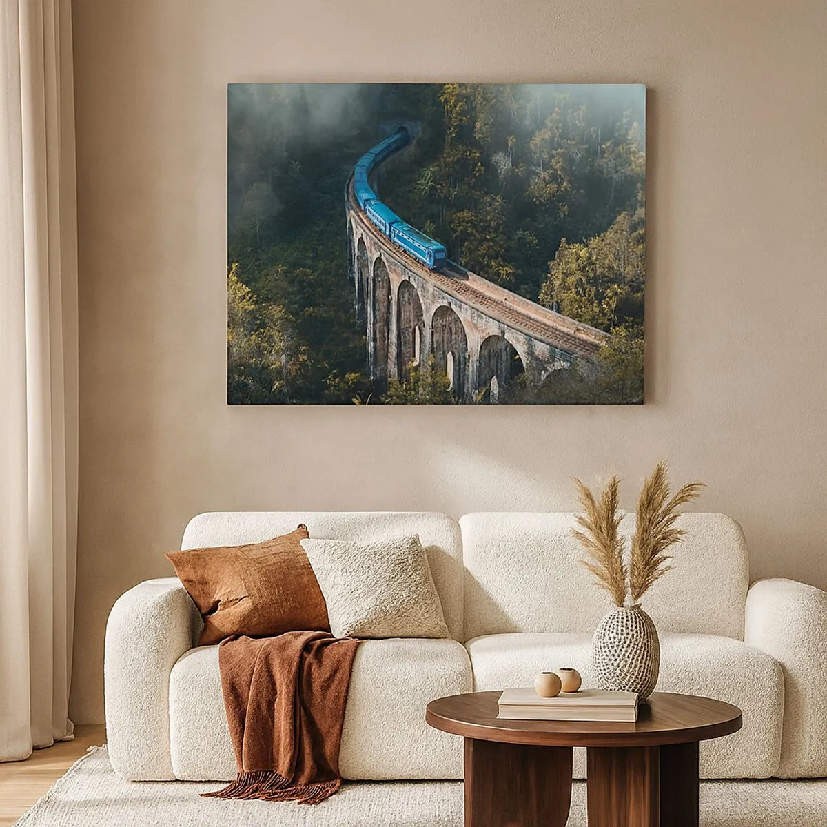 Cuadro sobre lienzo - Impresión de Imagen - Un tren azul en un viaducto histórico entre los bosques. - 70x50cm - Vías sobre la naturaleza - Decoración de pared moderna para salón y dormitorio ARTTOR