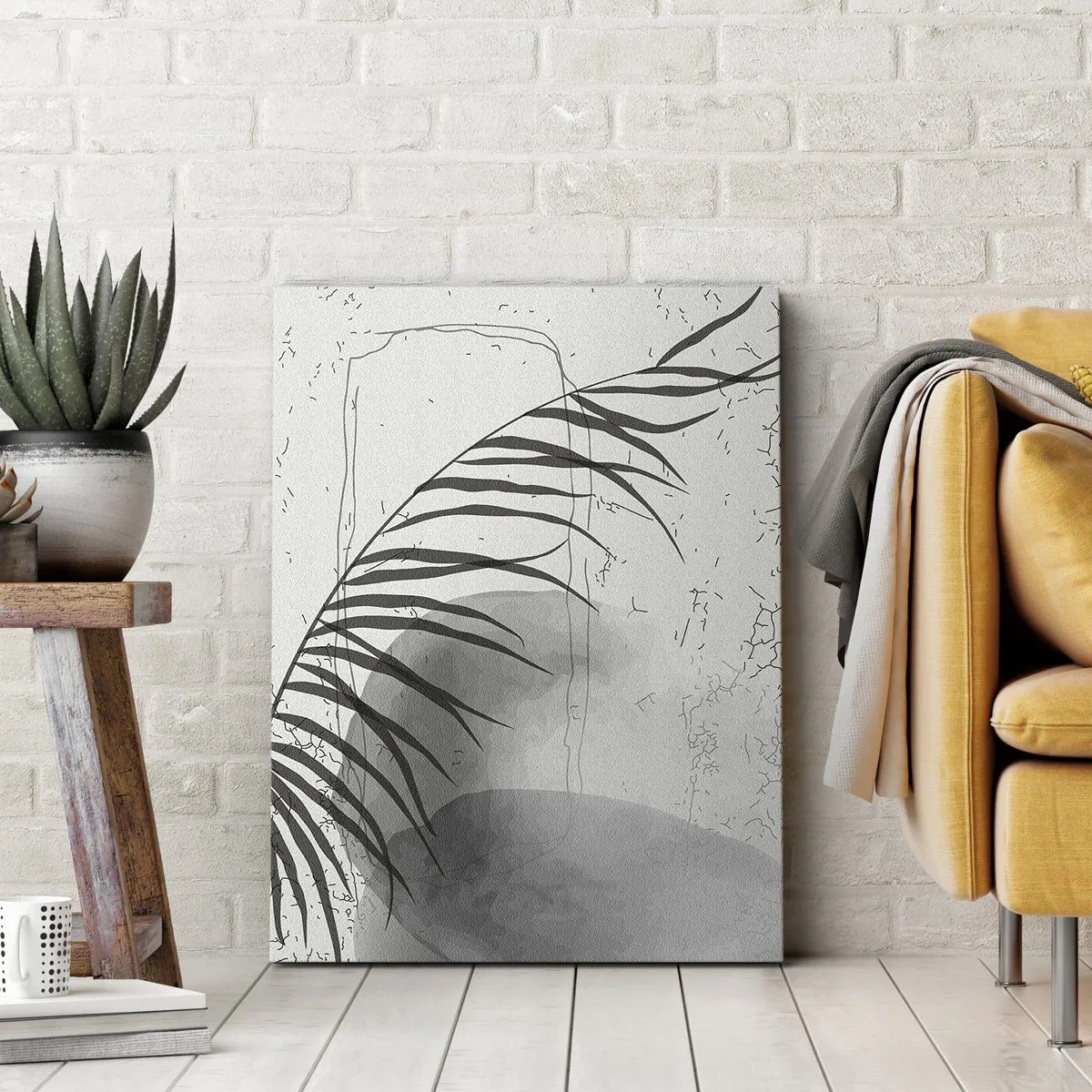 Cuadro sobre lienzo - Impresión de Imagen - Un delicado motivo de hojas de palma sobre un fondo claro en estilo escandinavo. - 80x120cm - El sutil exotismo de la naturaleza - Decoración de pared moderna para salón y dormitorio ARTTOR