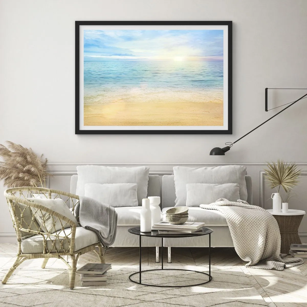 Póster en marco negro - Una playa con mar turquesa y cielo despejado. - 70x50cm - Gran cielo azul - Decoración de pared moderna para salón y dormitorio ARTTOR