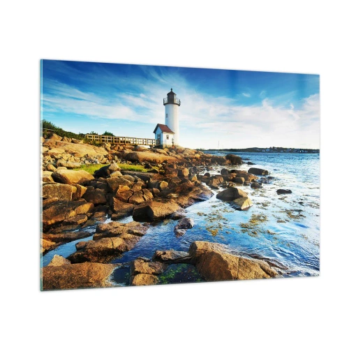 Cuadro sobre vidrio - Impresiones sobre Vidrio - Un faro en una costa rocosa en un día soleado. - 100x70cm - Esperando vuestro regreso - Decoración de pared moderna para salón y dormitorio ARTTOR