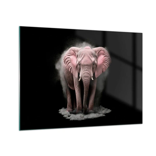 Cuadro sobre vidrio - Impresiones sobre Vidrio - Un elefante rosa sobre un fondo negro rodeado de una nube de polvo. - 70x50cm - El rey rosado de oriente - Decoración de pared moderna para salón y dormitorio ARTTOR