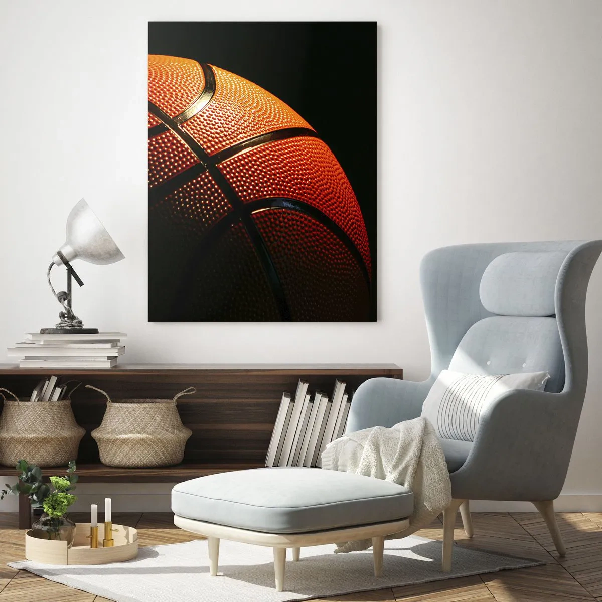Cuadro sobre vidrio - Impresiones sobre Vidrio - Primer plano de una pelota de baloncesto sobre un fondo negro - 80x120cm - Hermoso como un planeta - Decoración de pared moderna para salón y dormitorio ARTTOR
