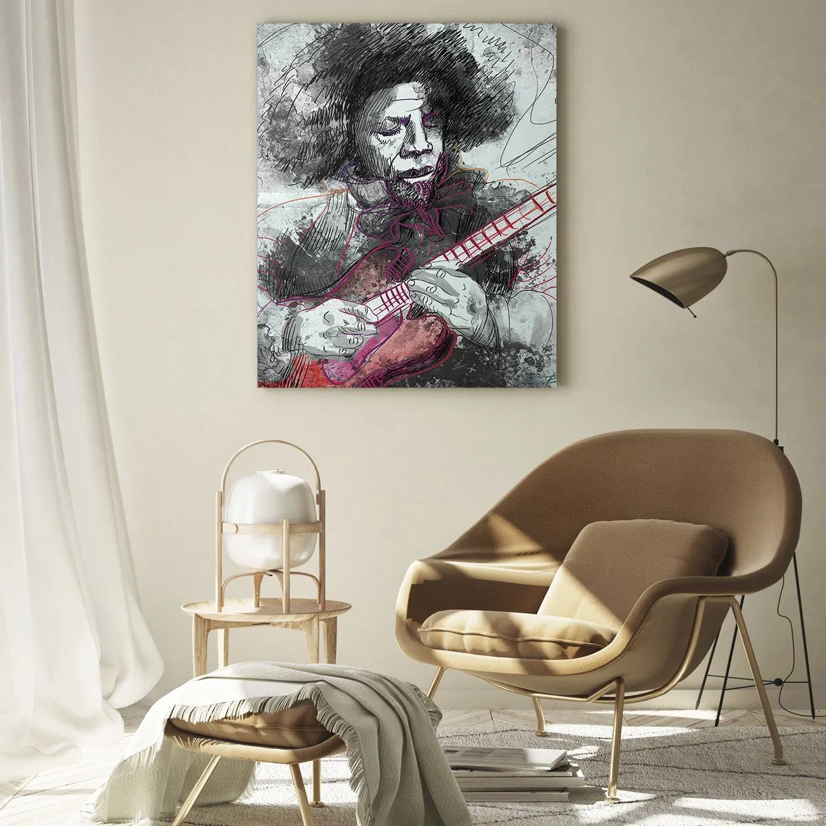 Cuadro sobre vidrio - Impresiones sobre Vidrio - Retrato artístico de un guitarrista en la técnica del boceto. - 80x120cm - Volando con la música - Decoración de pared moderna para salón y dormitorio ARTTOR