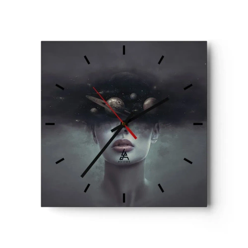 Reloj de pared - Reloj de vidrio - Un rostro de mujer con un motivo de planeta y espacio en el fondo. - 30x30cm - Y los planetas sienten... - Decoración de pared moderna para salón y dormitorio ARTTOR