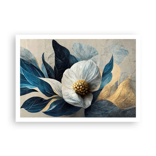 Póster - Una flor con hojas azules sobre un fondo elegante. - 100x70cm - Con un corazón de oro - Decoración de pared moderna para salón y dormitorio ARTTOR