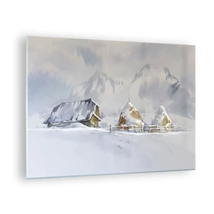 Cuadro sobre vidrio - Impresiones sobre Vidrio - Paisaje invernal con una cabaña y pajares en las montañas - 70x50cm - En un valle nevado - Decoración de pared moderna para salón y dormitorio ARTTOR