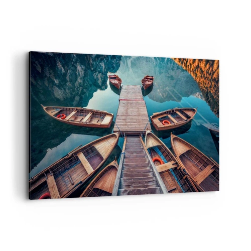Cuadro sobre lienzo - Impresión de Imagen - Barcos de madera en un muelle en un lago de montaña - 120x80cm - Esperando en el muelle - Decoración de pared moderna para salón y dormitorio ARTTOR