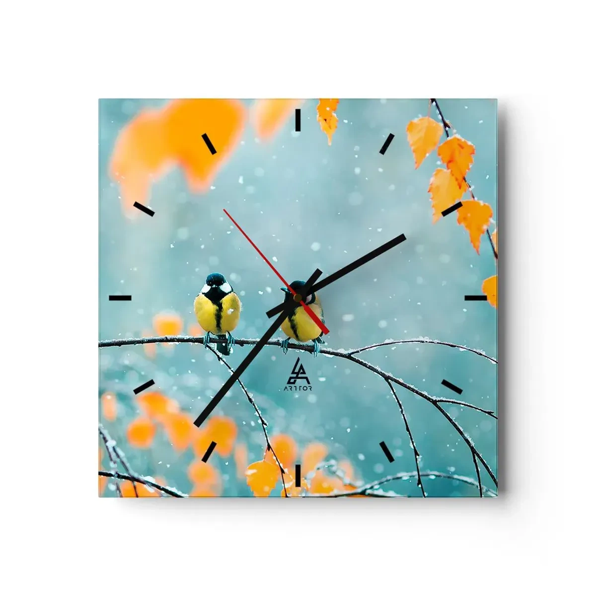 Reloj de pared - Reloj de vidrio - Dos pájaros en una rama en un entorno invernal con hojas amarillas. - 30x30cm - Cotilleo de pájaros - Decoración de pared moderna para salón y dormitorio ARTTOR