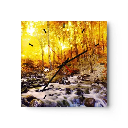 Reloj de pared - Reloj de vidrio - Bosque otoñal con un arroyo entre hojas doradas - 30x30cm - Piedras bañadas en oro y platino - Decoración de pared moderna para salón y dormitorio ARTTOR