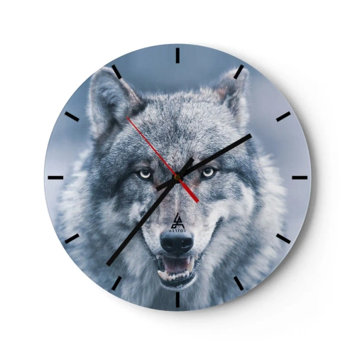 Reloj de pared - Reloj de vidrio - Un lobo con los colmillos al descubierto sobre un fondo azul frío. - 30x30cm - ¿Aceptarás el reto? - Decoración de pared moderna para salón, cocina y dormitorio ARTTOR