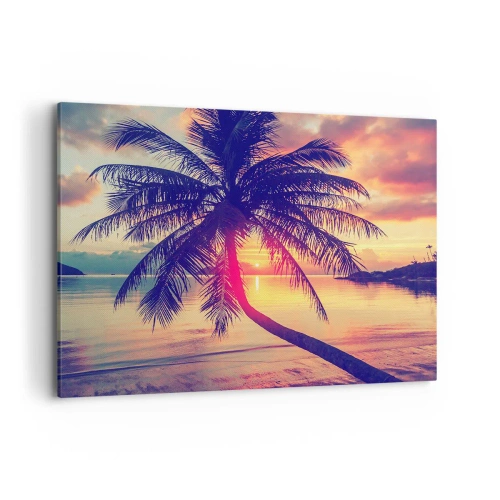 Cuadro sobre lienzo - Impresión de Imagen - Puesta de sol con una palmera sobre una orilla tranquila - 120x80cm - Atardecer bajo las palmeras - Decoración de pared moderna para salón y dormitorio ARTTOR