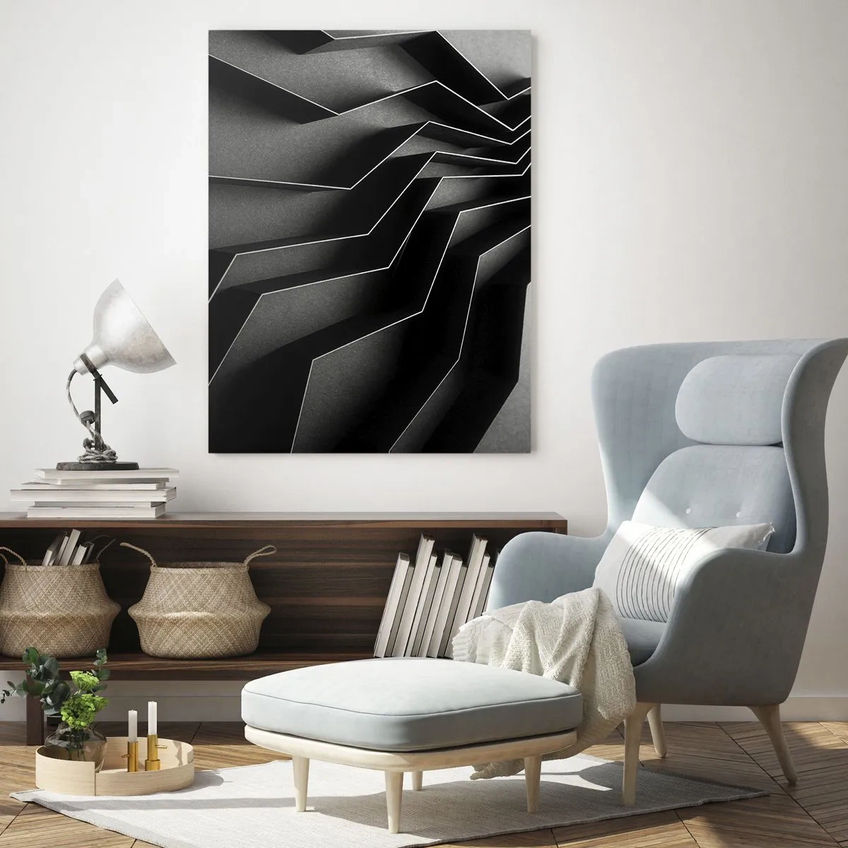 Cuadro sobre vidrio - Impresiones sobre Vidrio - Formas geométricas negras con profundidad y claroscuro. - 50x70cm - Orden espacial - Decoración de pared moderna para salón y dormitorio ARTTOR