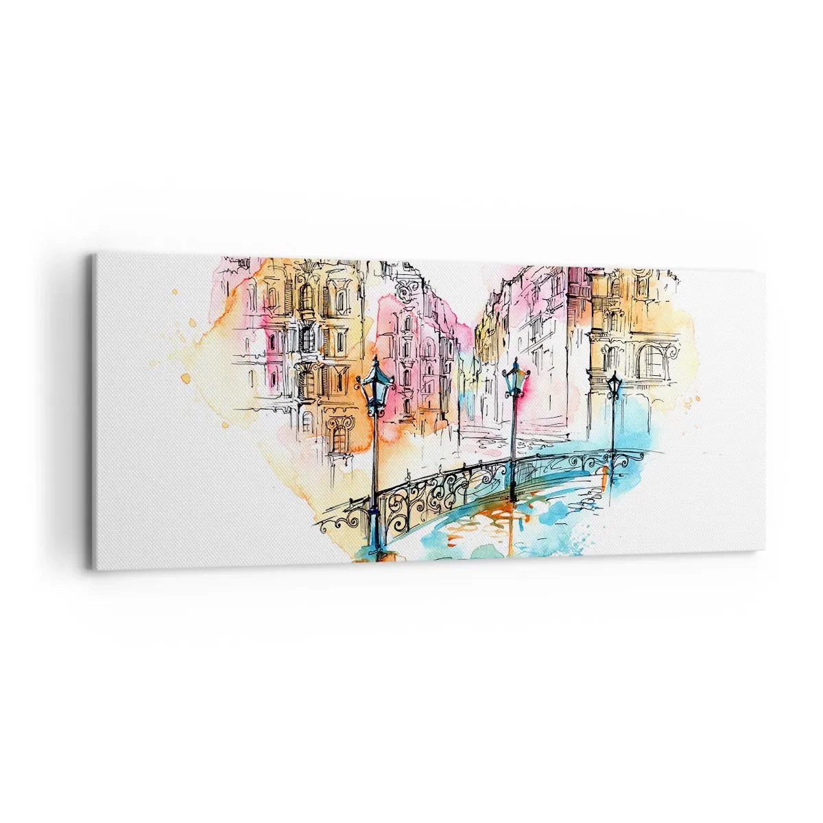 Cuadro sobre lienzo - Impresión de Imagen - Acuarela de un puente y casas de vecindad en forma de corazón - 120x50cm - El corazón de la ciudad - Decoración de pared moderna para salón y dormitorio ARTTOR