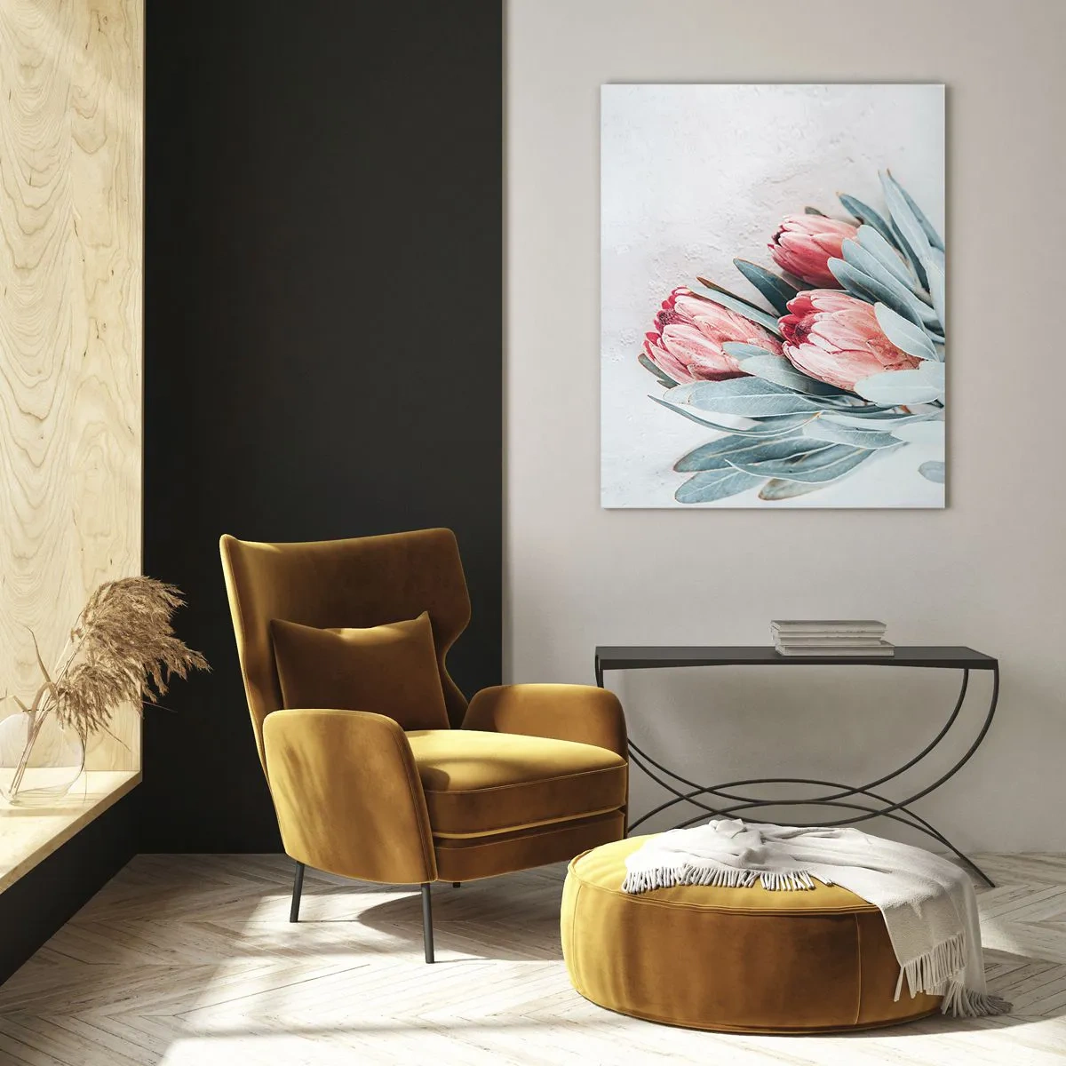 Cuadro sobre vidrio - Impresiones sobre Vidrio - Tres flores de protea pastel con hojas sobre un fondo claro. - 50x70cm - Avergonzada de su propia belleza - Decoración de pared moderna para salón y dormitorio ARTTOR