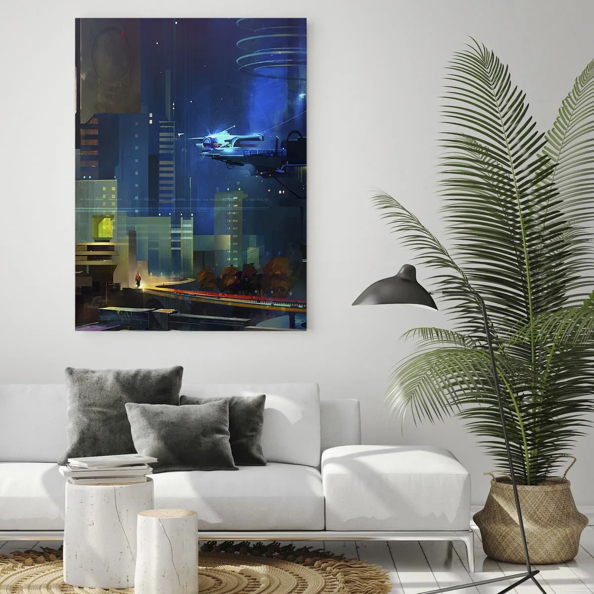 Cuadro sobre vidrio - Impresiones sobre Vidrio - Ciudad futurista de noche con luces de neón y un vehículo volador. - 80x120cm - En un futuro próximo - Decoración de pared moderna para salón y dormitorio ARTTOR