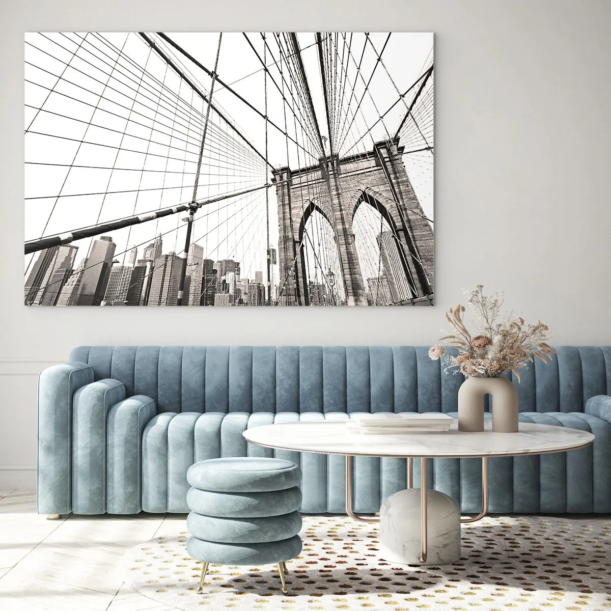 Cuadro sobre vidrio - Impresiones sobre Vidrio - Un puente colgante con un panorama de la ciudad al fondo en sepia. - 70x50cm - Catedral de Nueva York - Decoración de pared moderna para salón y dormitorio ARTTOR