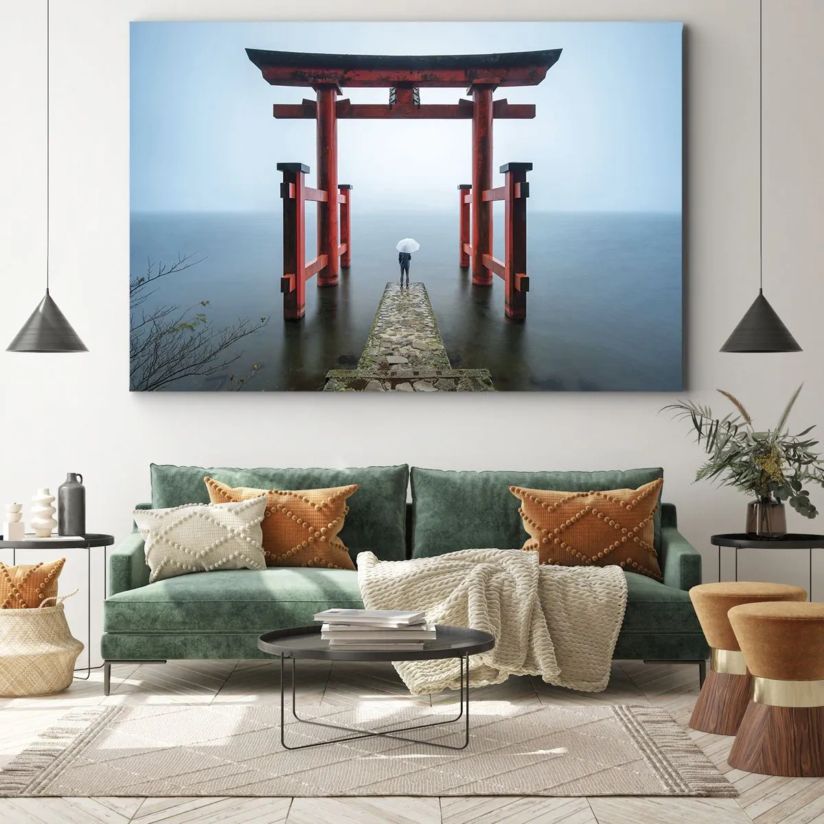Cuadro sobre lienzo - Impresión de Imagen - Una puerta torii con vistas a un lago tranquilo en Japón - 70x50cm - Ensueño japonés - Decoración de pared moderna para salón y dormitorio ARTTOR