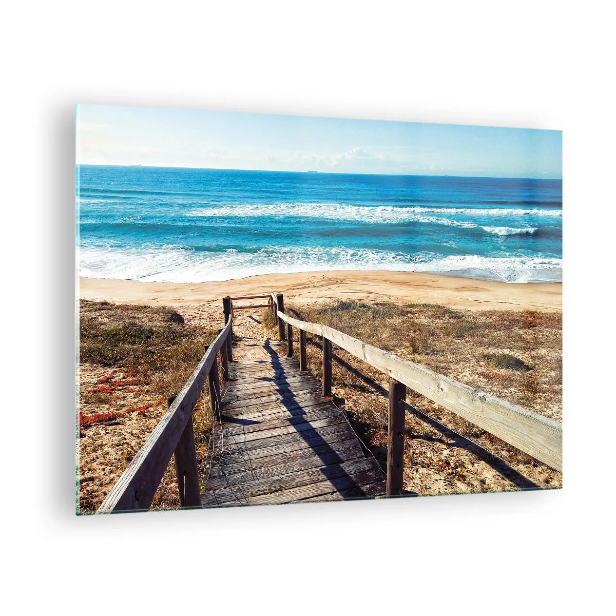 Cuadro sobre vidrio - Impresiones sobre Vidrio - Camino de madera que conduce a la playa con vistas al mar. - 70x50cm - ¡Corre! - Decoración de pared moderna para salón y dormitorio ARTTOR